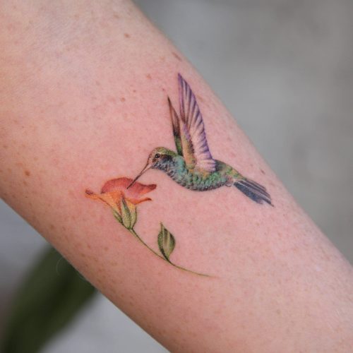 Tatuaje en brazo de colibrí y flor